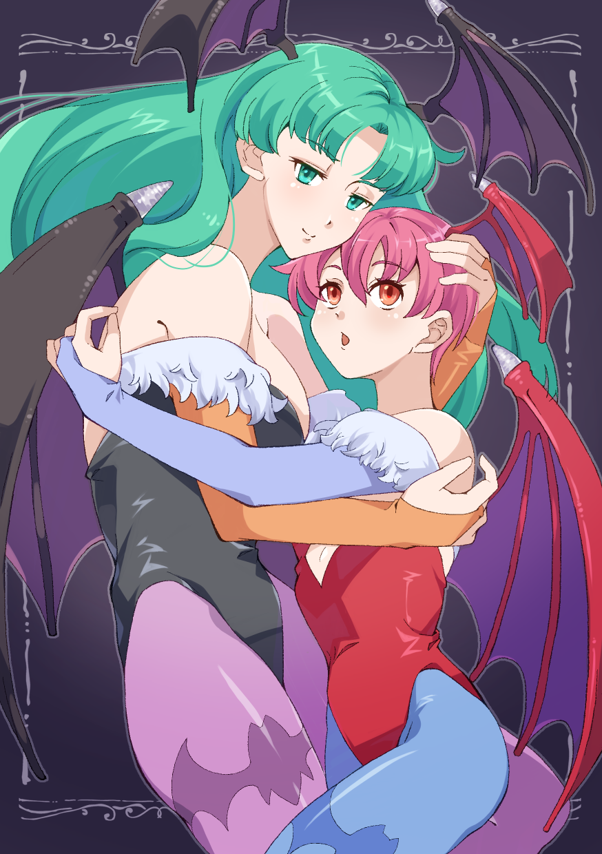 2girls, bat_wings, bridal_gauntlets, darkstalkers, demon_girl, drdr_ao_midoro, green_hair, head_wings, highres, hug, leotard, lilith_(darkstalkers), long_hair, looking_at_viewer, morrigan_aensland, multiple_girls, pink_hair, short_hair, wings