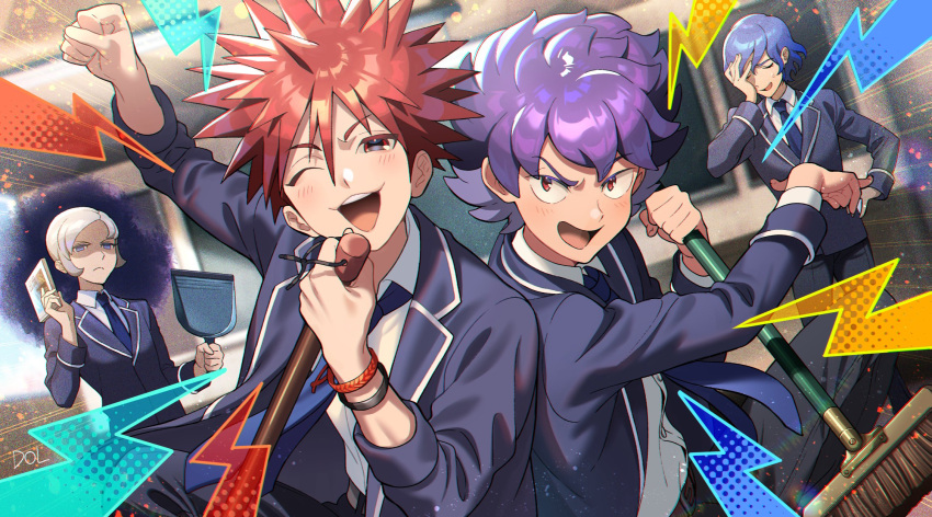 4boys, blue_hair, blue_jacket, blue_necktie, book, bracelet, broom, chalkboard