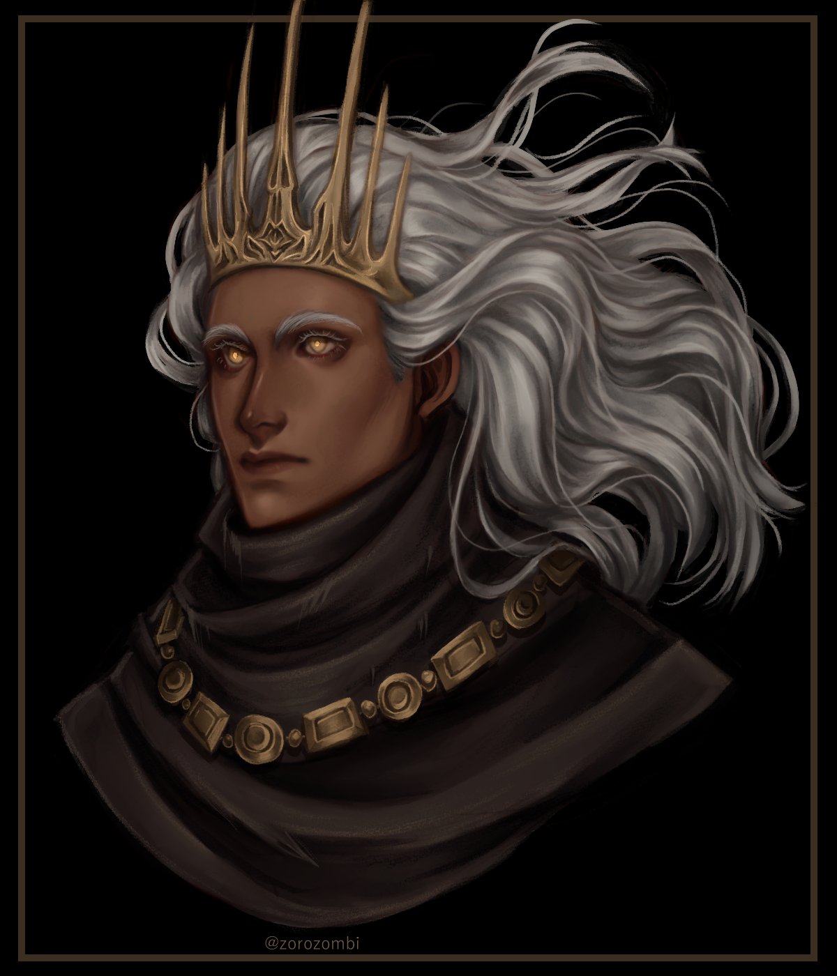 1boy, artist_name, black_background, brown_eyes, commentary, cropped_head, crown, dark-skinned_male