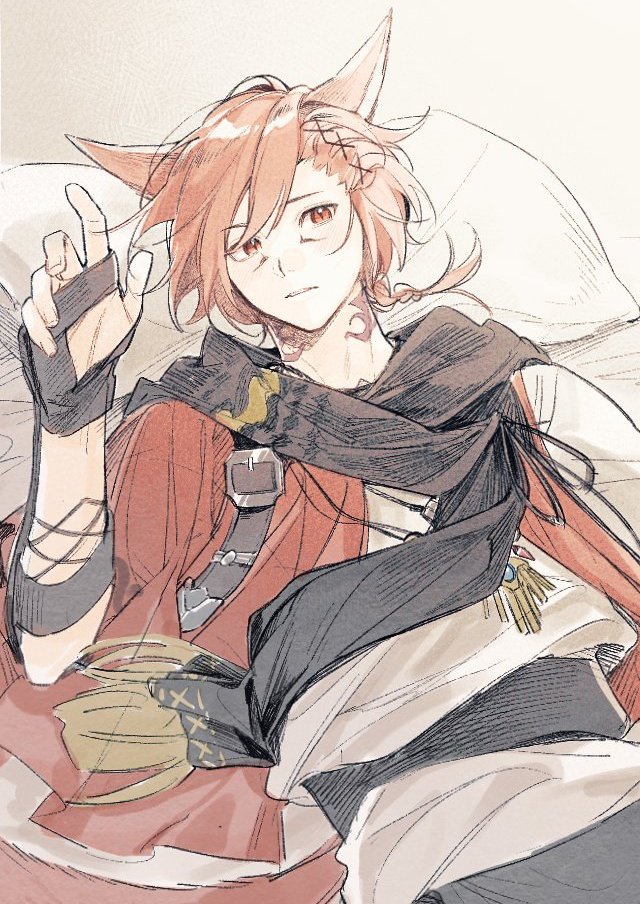 1boy, animal_ears, archon_mark, black_scarf, bracer, braid, braided_ponytail, cat_boy