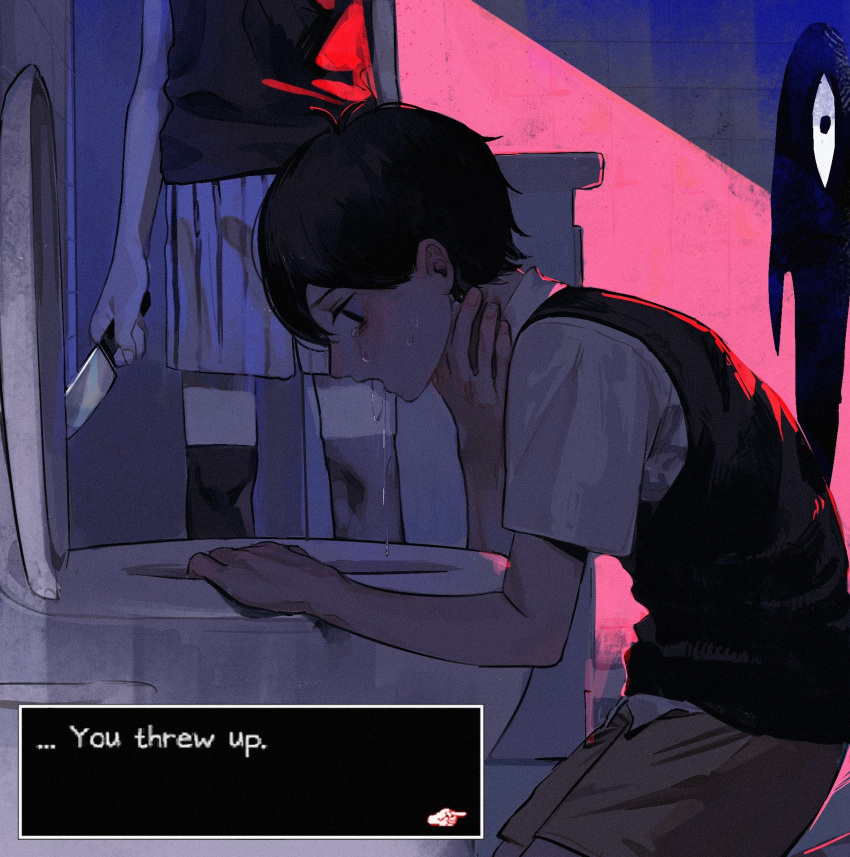2boys, bathroom, black_eyes, black_hair, black_sweater_vest, black_tank_top, black_thighhighs, collared_shirt