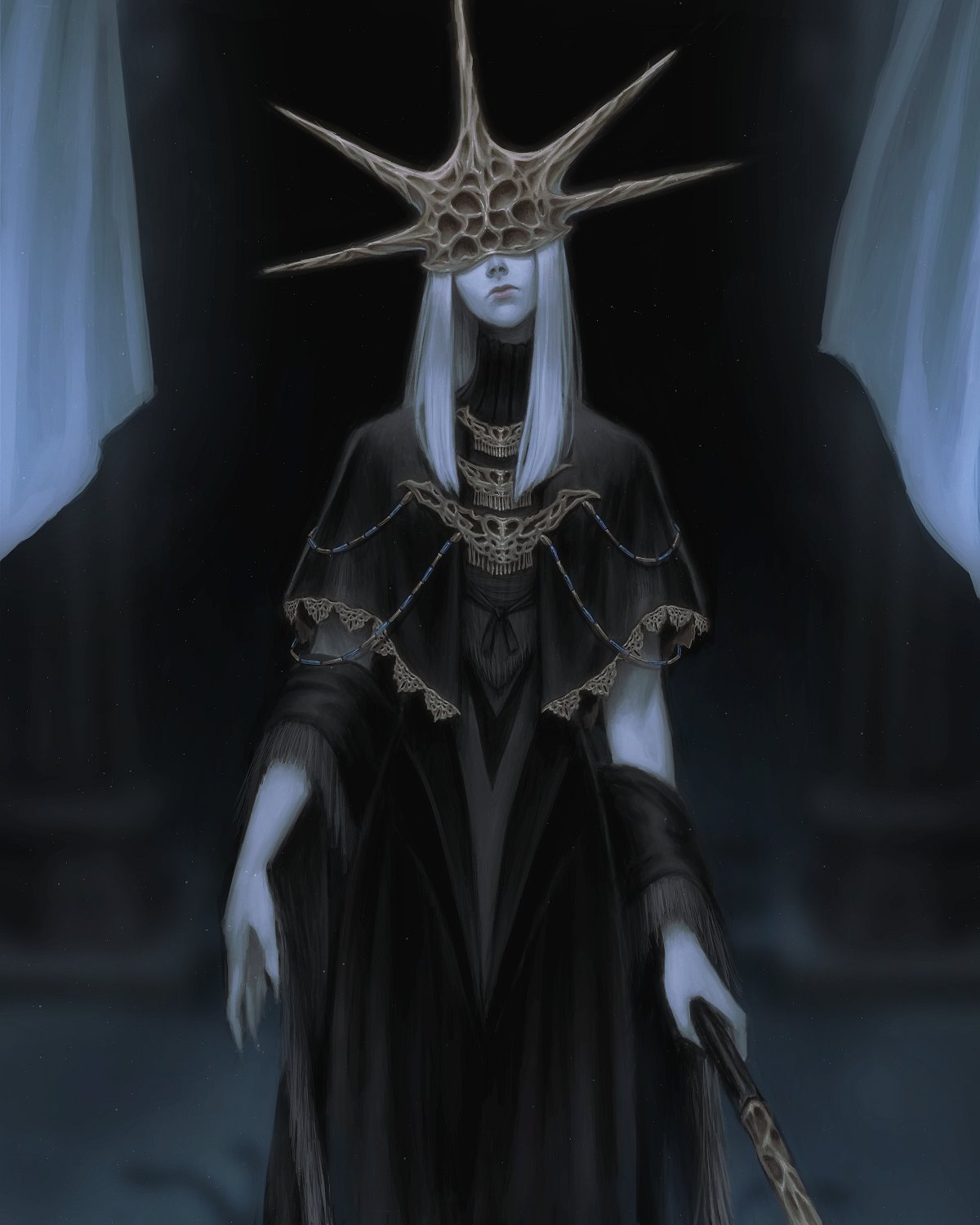 1boy, aldrich_devourer_of_gods, androgynous, black_dress, blurry, blurry_background, commentary, curtains