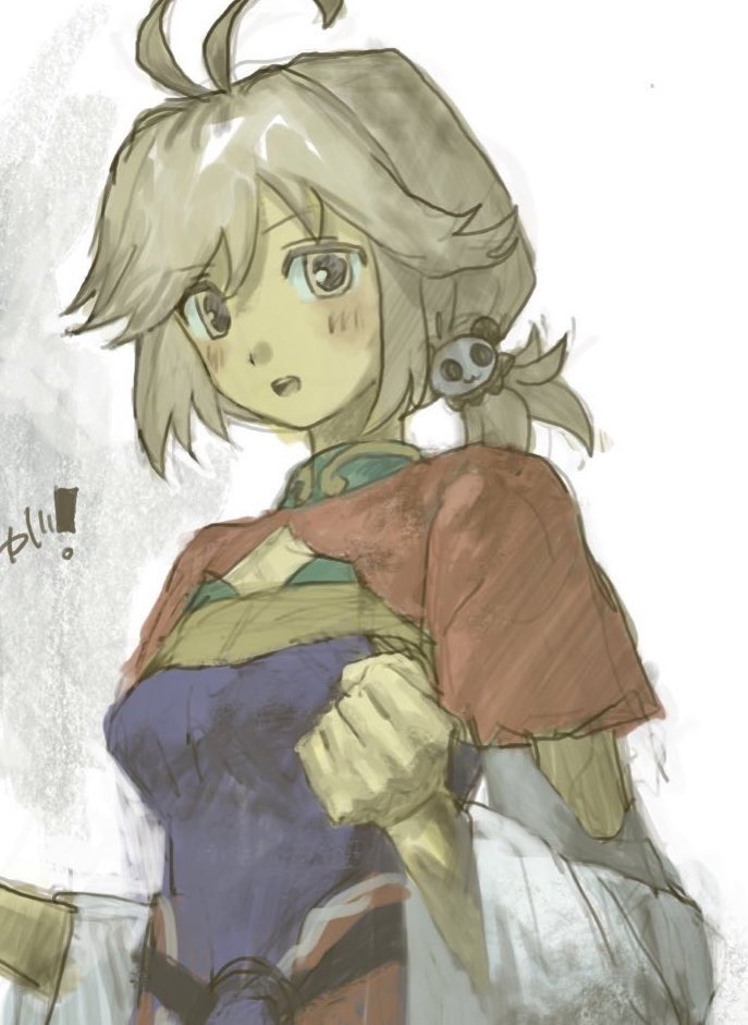 1girl, antenna_hair, blonde_hair, breasts, colored_skin, hair_ornament, multicolored_shirt, panda_hair_ornament