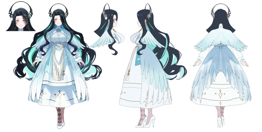 1girl, absurdres, aqua_hair, black_hair, demon_horns, dress, feathers, highres