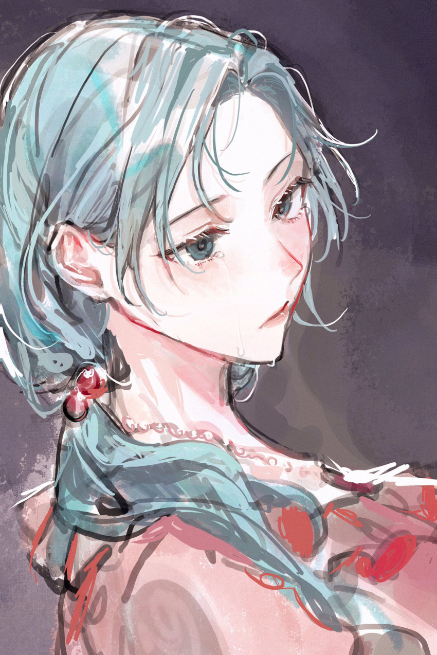 1girl, aqua_eyes, aqua_hair, brown_background, closed_mouth, crying, crying_with_eyes_open, curtained_hair