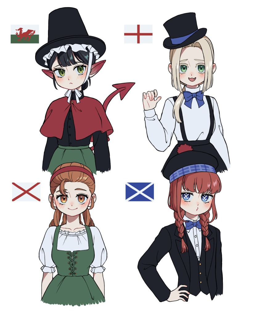 4girls, blazer, blue_bow, blue_bowtie, bow, bowtie, capelet, demon_girl, demon_tail, dress, england, english_flag, green_dress, hat, highres, jacket, kuroussa, multiple_girls, northern_ireland, northern_irish_flag, original, personification, pointy_ears, scotland, scottish_flag, skirt, suit, suspender_skirt, suspenders, tail, top_hat, upper_body, wales, welsh_flag, white_background