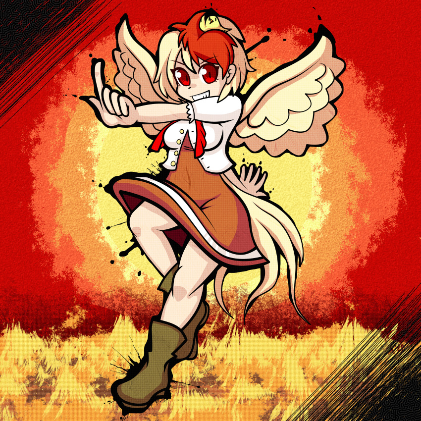 1girl, absurdres, animal_on_head, bird, bird_wings, blonde_hair, breasts, brown_footwear