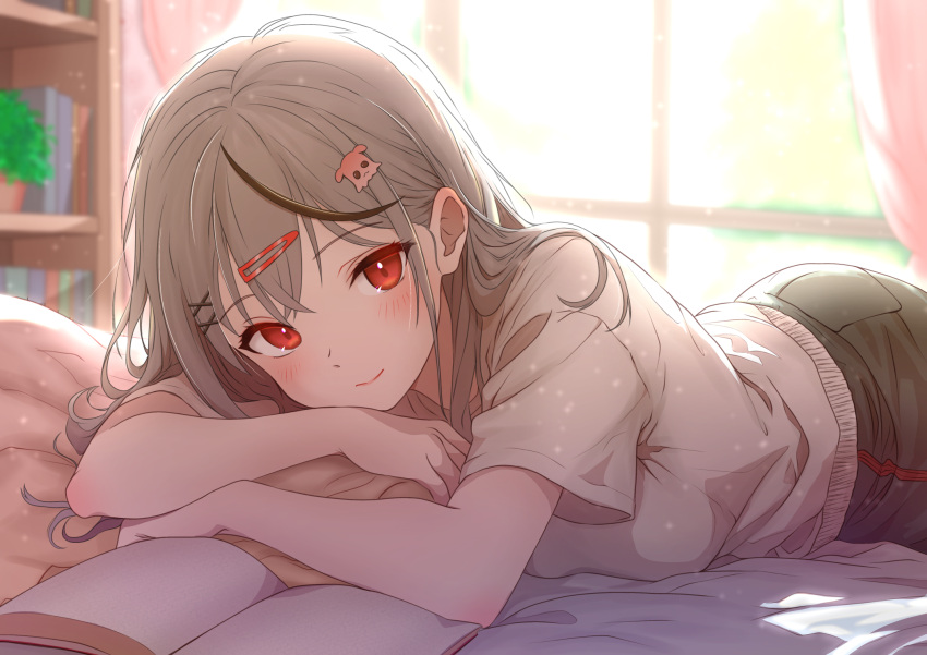 1girl, alternate_costume, black_hair, black_pants, blush, book, curtains, grey_hair