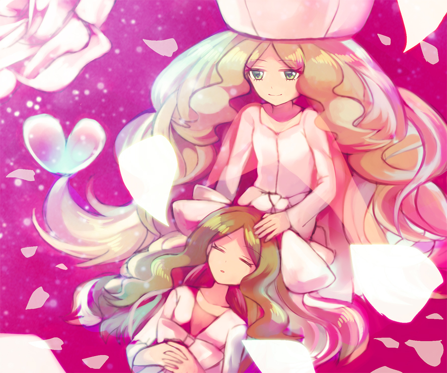 2girls, blonde_hair, caitlin_(pokemon), closed_eyes, collarbone, dual_persona, hand_on_another's_head, lap_pillow