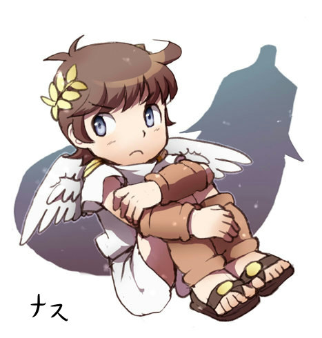 1boy, ancient_greek_clothes, angel, angel_wings, annoyed, azumi_(tks-sd), bracer, brown_hair