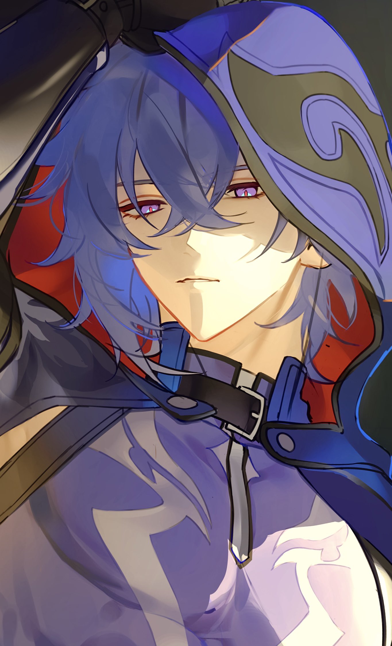 1boy, arm_up, belt_collar, black_collar, black_gloves, close-up, closed_mouth, collar