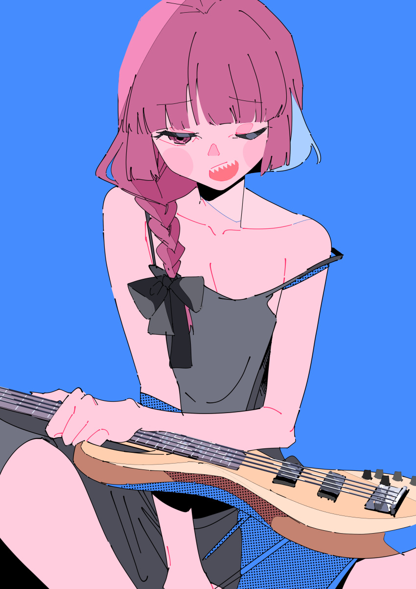 1girl, absurdres, bass_guitar, black_bow, blue_background, blunt_bangs, blush, bocchi_the_rock!, bow, braid, collarbone, dress, grey_dress, guitar, hair_bow, hair_over_shoulder, halftone, highres, hiroi_kikuri, holding, holding_guitar, holding_instrument, instrument, long_hair, matumot, off-shoulder_dress, off_shoulder, one_eye_closed, open_mouth, purple_hair, ringed_eyes, sharp_teeth, simple_background, single_braid, smile, solo, spaghetti_strap, teeth, violet_eyes