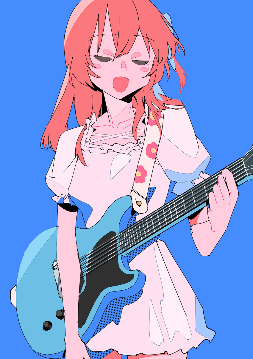 1girl, absurdres, alternate_costume, blue_background, blush, bocchi_the_rock!, closed_eyes, collarbone