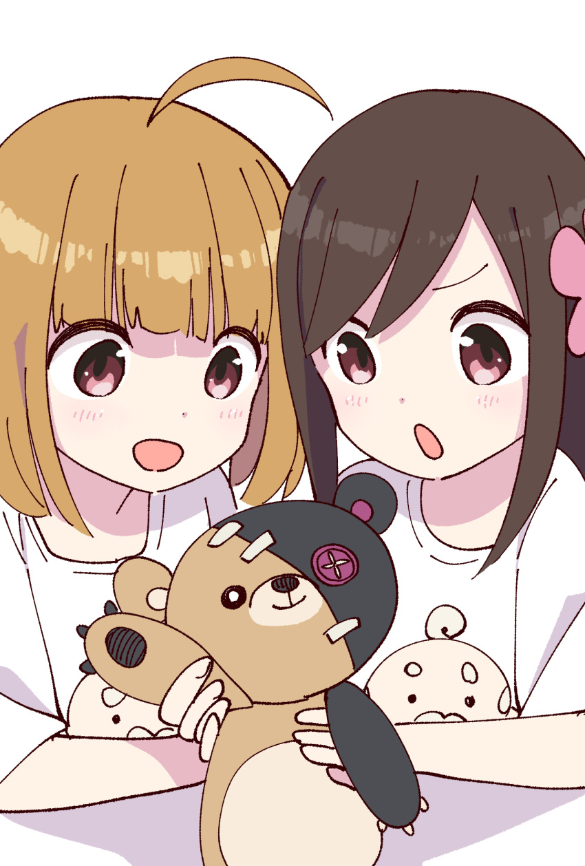 2girls, ahoge, blush, brown_hair, button_eyes, buttons, casual, character_print