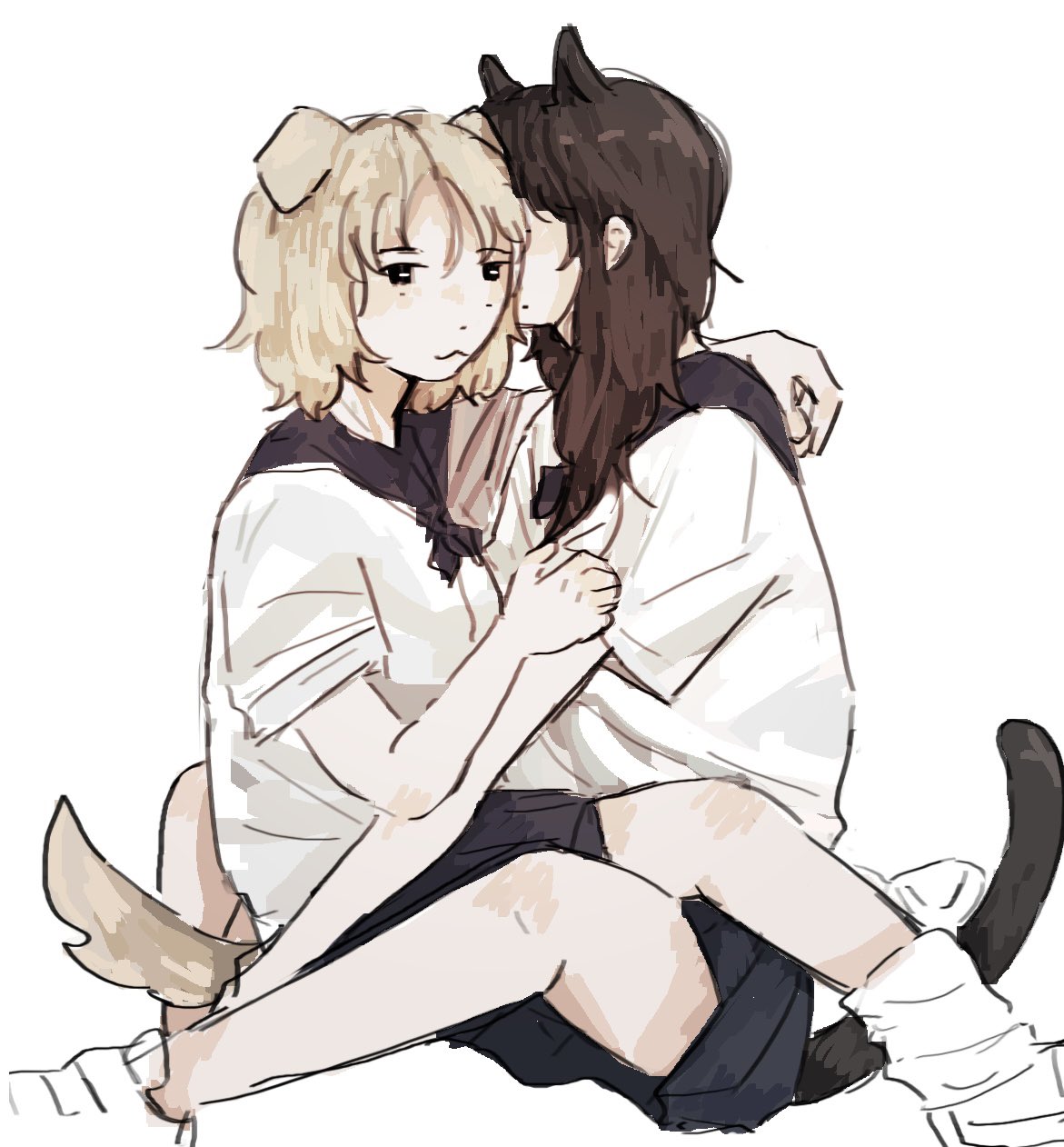 2girls, aespa, animal_ears, arms_around_neck, between_legs, black_sailor_collar, black_skirt, blonde_hair