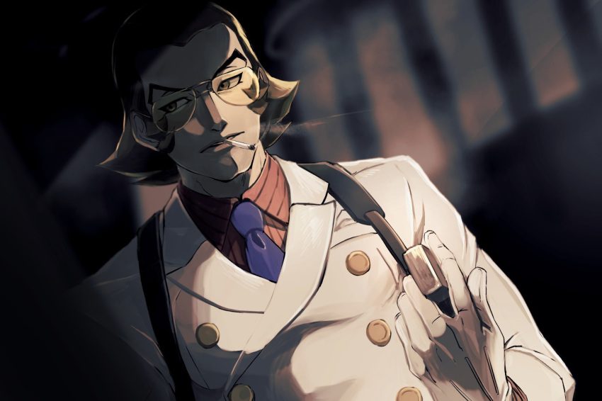 1boy, ace_attorney, blue_necktie, bobby_fulbright, brown_hair, buttons, cigarette, collared_shirt