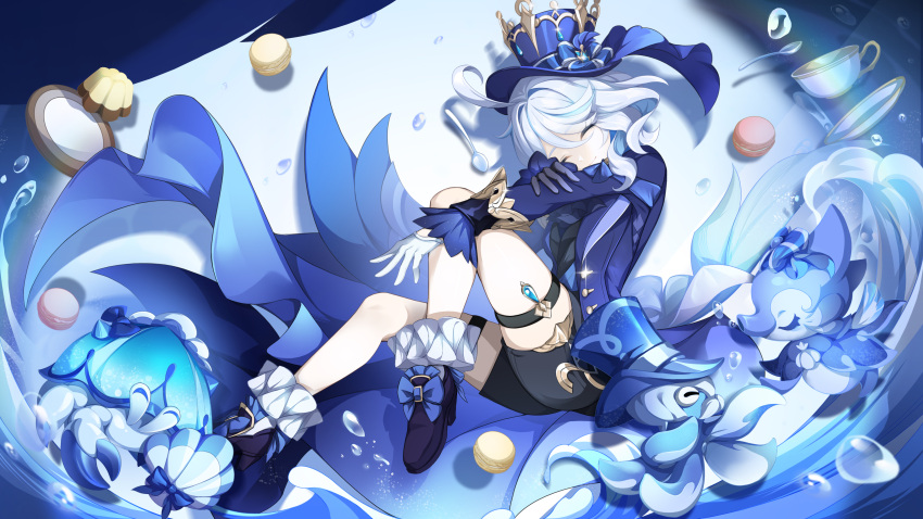 1girl, absurdres, ahoge, asymmetrical_gloves, black_gloves, black_shorts, blue_hair, blue_hat