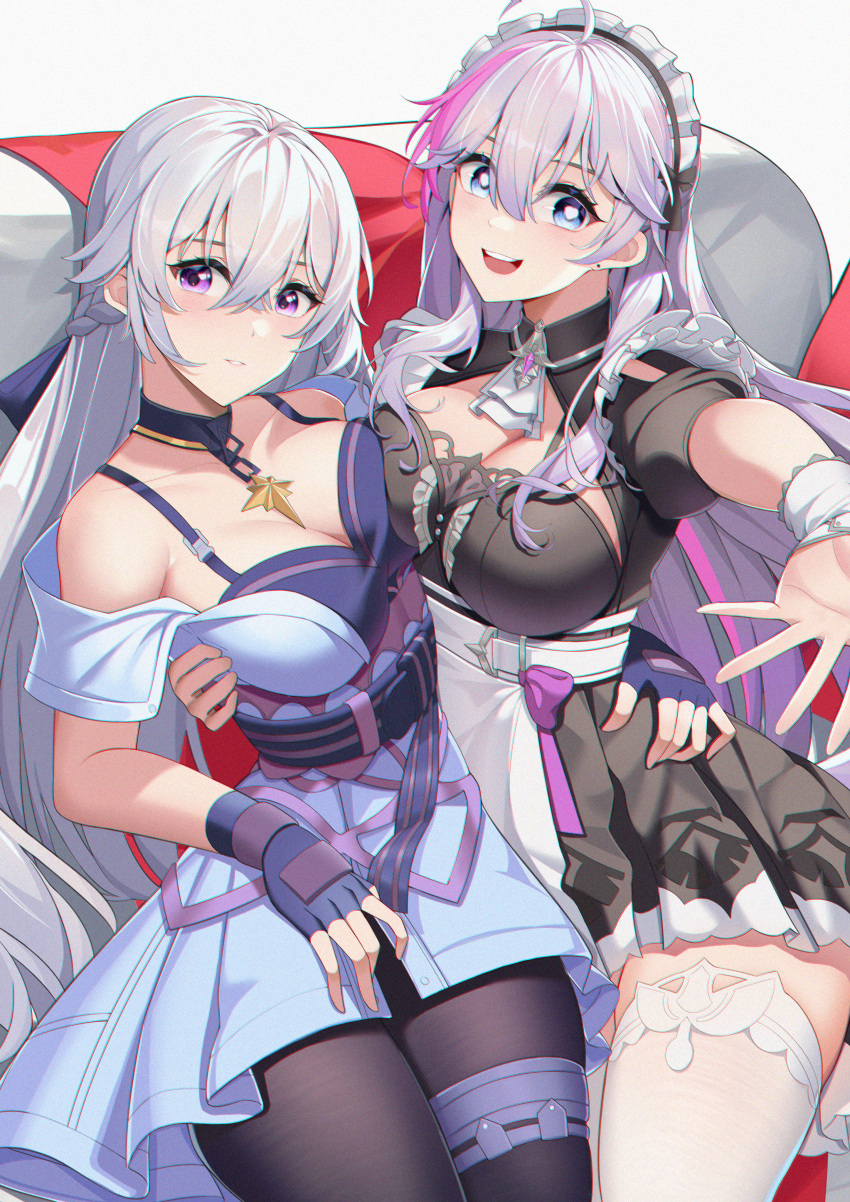 2girls, black_dress, black_pantyhose, blue_dress, blue_eyes, celestia_(strinova), fingerless_gloves, heart-shaped_pupils