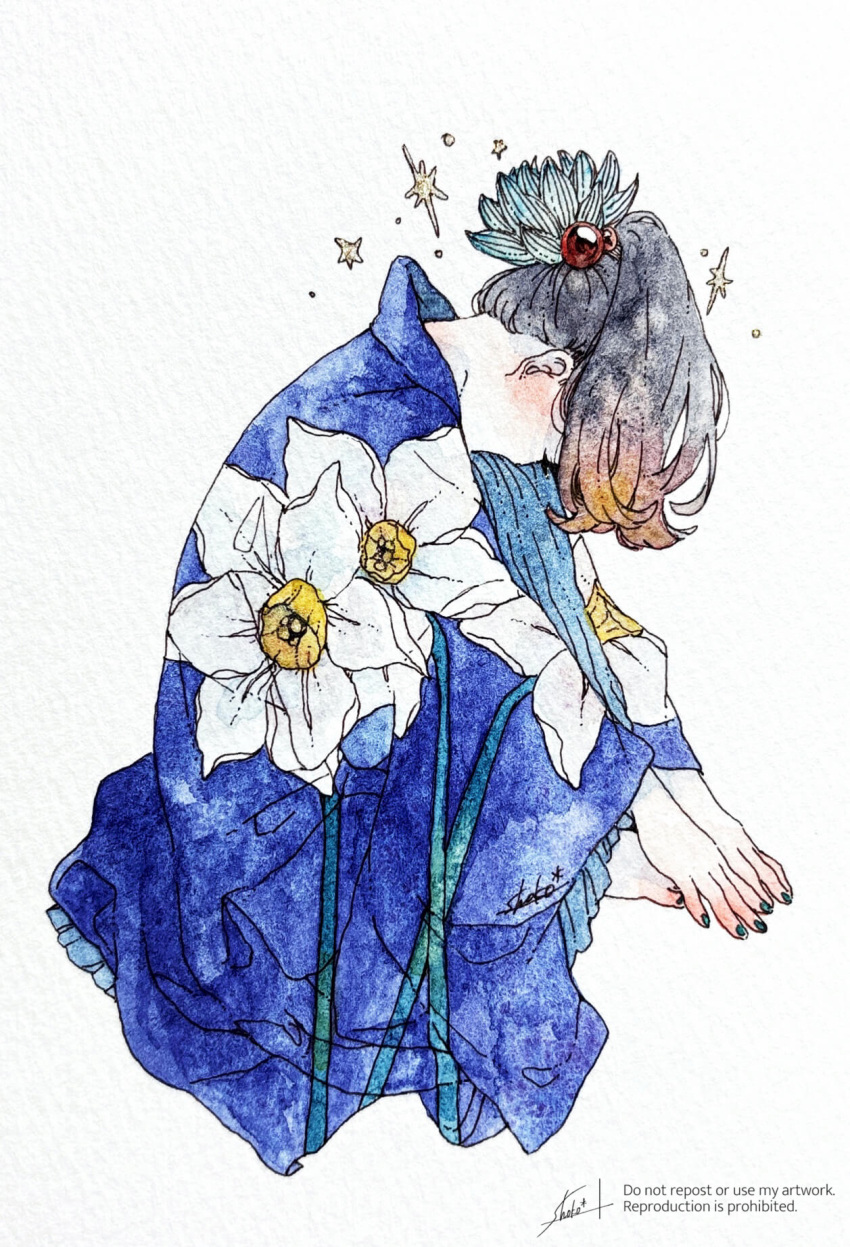 1girl, barefoot, black_hair, floral_print, floral_print_kimono, full_body, gradient_hair, highres