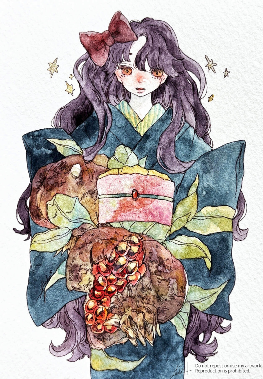 1girl, bow, brown_hair, food, fruit, hair_bow, highres, japanese_clothes