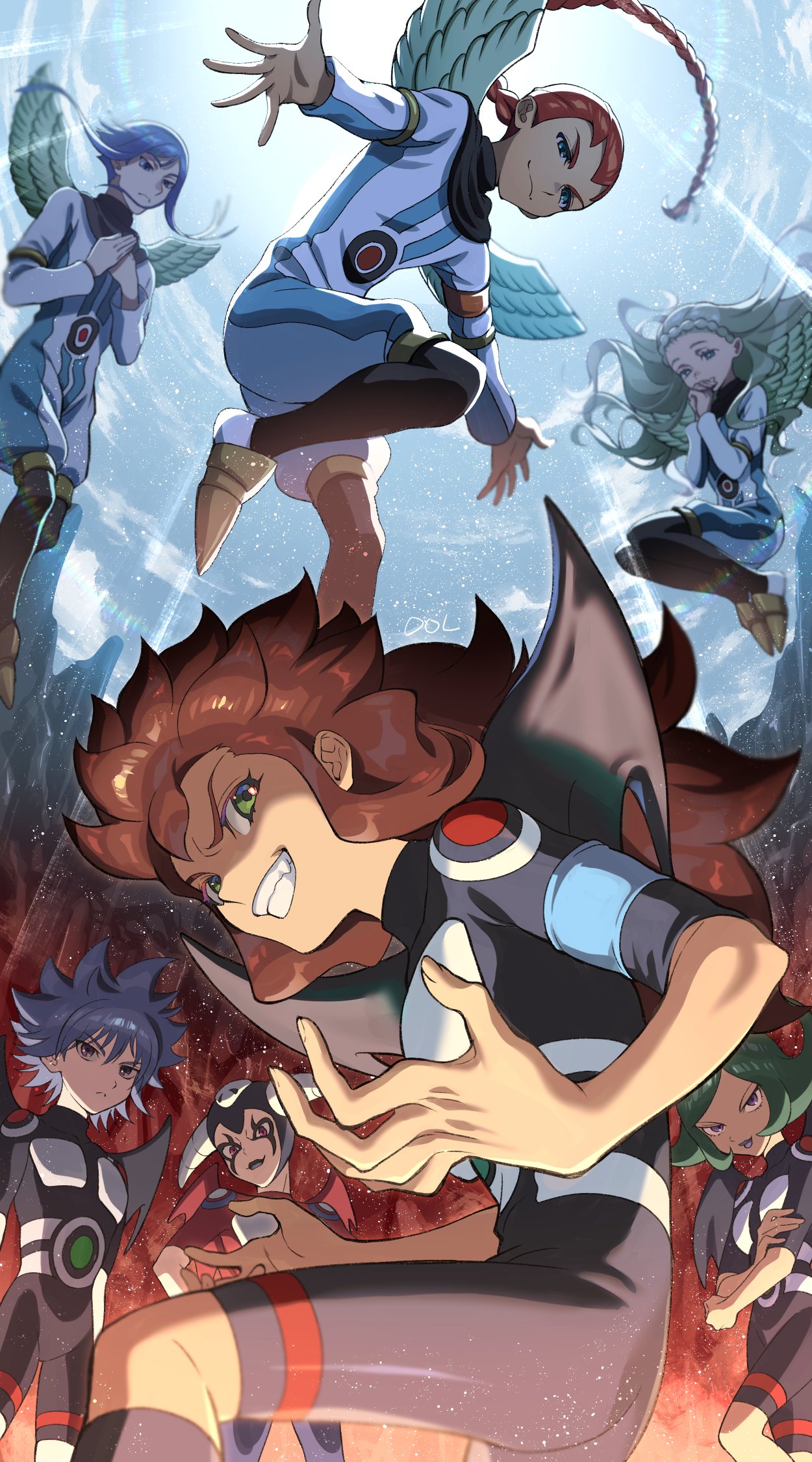 2girls, 5boys, angel, angel_wings, arachnes, astaroth_(inazuma_eleven), belzebu, blonde_hair, blue_eyes, blue_hair, blue_sky, bodysuit, braid, brown_hair, clouds, covering_own_mouth, desuta, dolustoy, ekadel, green_eyes, green_hair, guel, highres, inazuma_eleven, inazuma_eleven_(series), long_hair, looking_at_viewer, looking_down, makai_gundan_z, multiple_boys, multiple_girls, orange_hair, purple_lips, sein, single_braid, sky, soccer_uniform, sportswear, tenkuu_no_shito, violet_eyes, wings