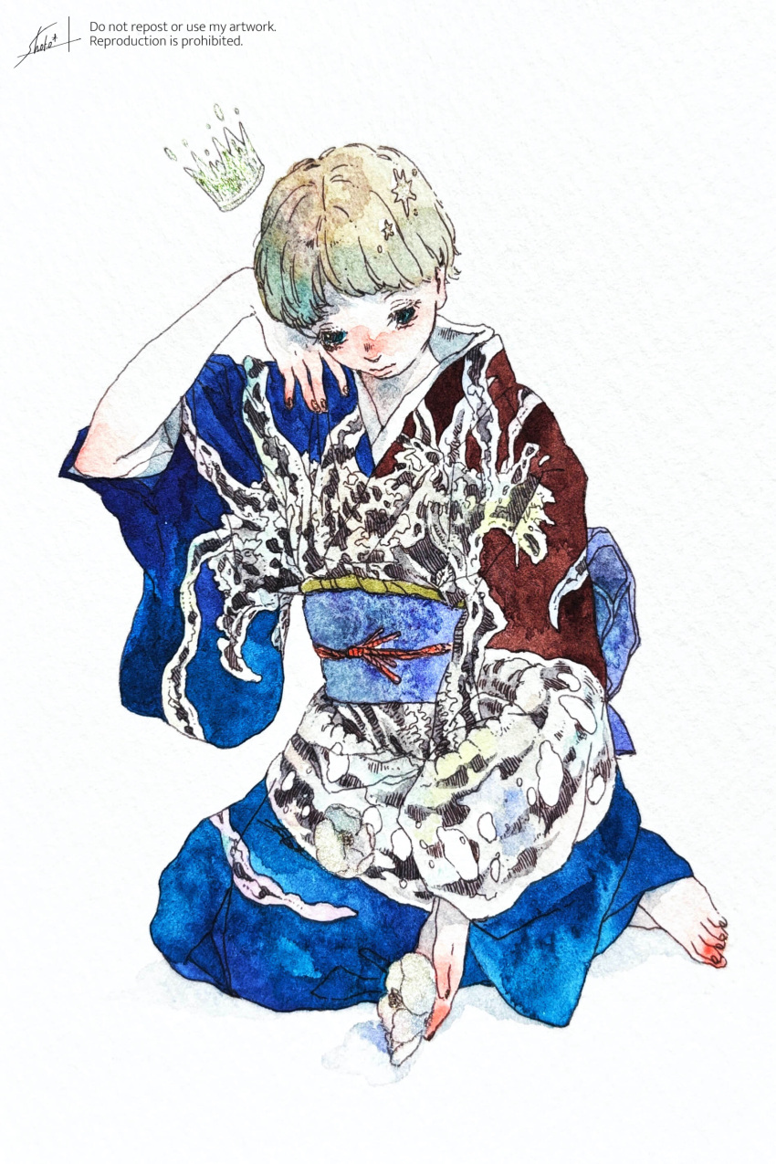 1girl, absurdres, barefoot, blonde_hair, crown, flower, full_body, highres