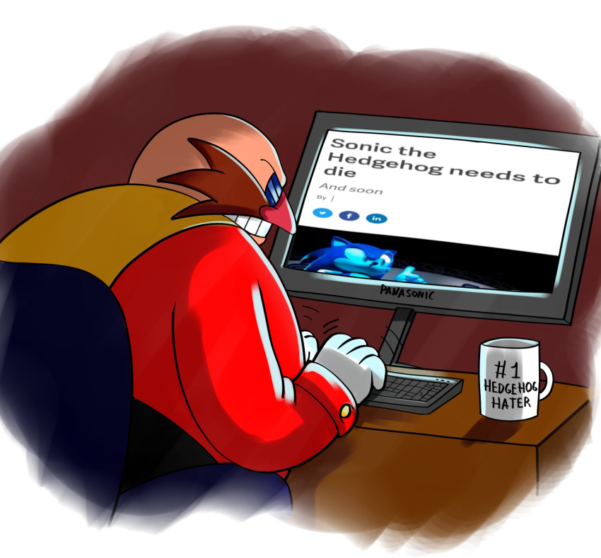 1boy, bald, clarissa_arts, computer, computer_keyboard, cup, dr._eggman, facial_hair