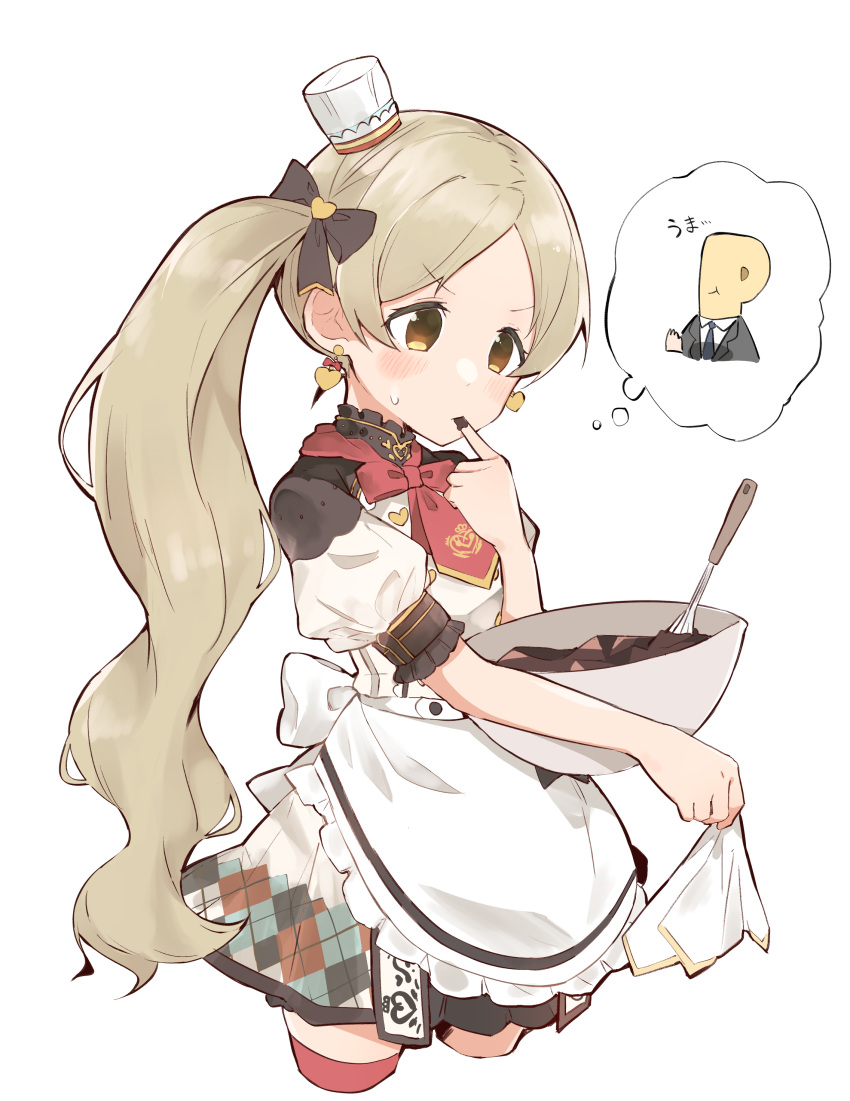 1boy, 1girl, absurdres, apron, blush, bow, bowl, brown_eyes