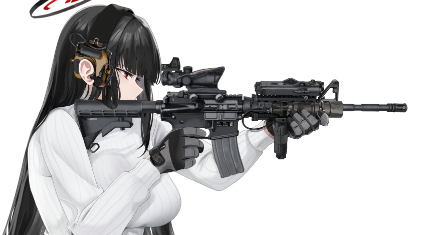 1girl, acog, alternate_costume, assault_rifle, black_hair, black_halo, blue_archive, blunt_bangs