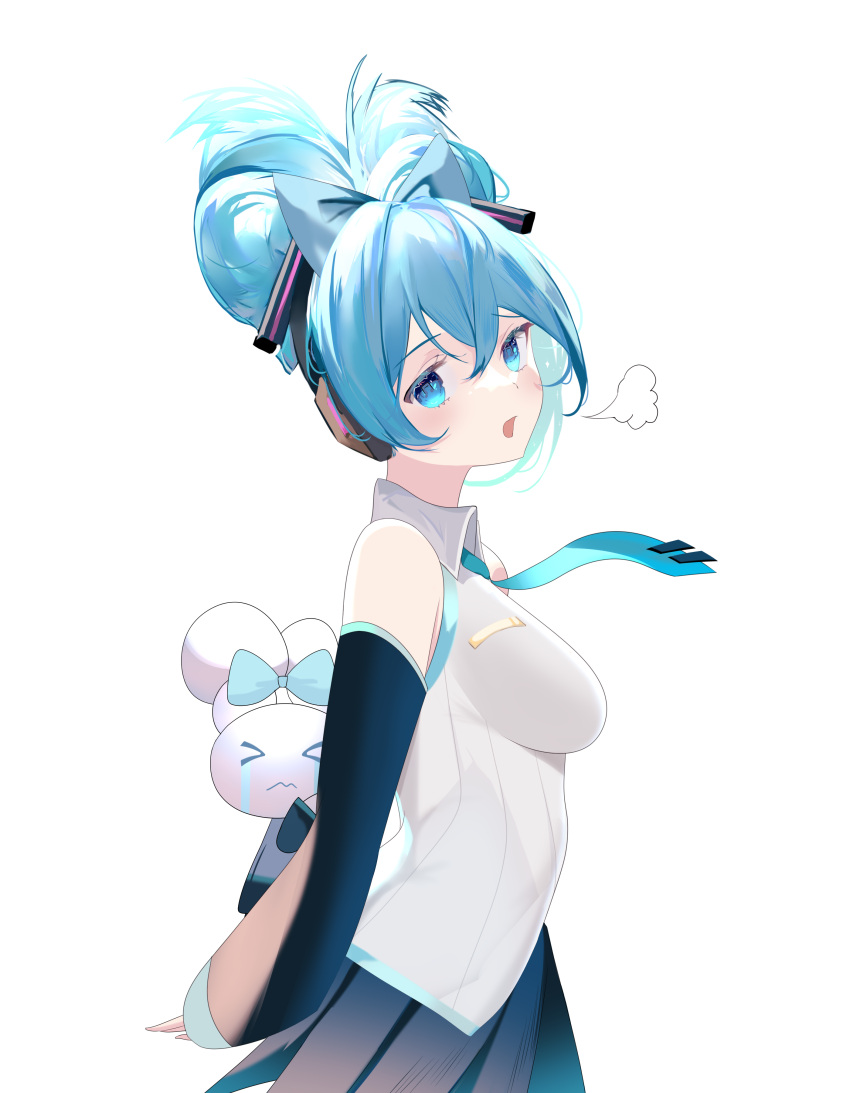 >_<, 1girl, absurdres, aqua_eyes, aqua_hair, aqua_necktie, black_skirt, black_sleeves