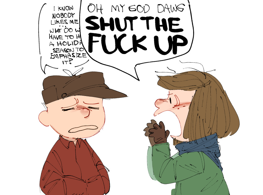 1boy, 1girl, blue_scarf, brown_gloves, brown_hair, charles_schulz_(style), charlie_brown, chronocrump