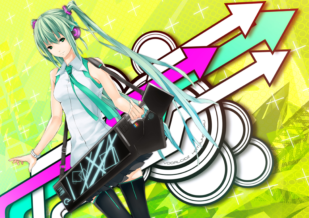 ano_gakki, bracelet, green_eyes, green_hair, hatsune_miku, headphones, jewelry, kanden