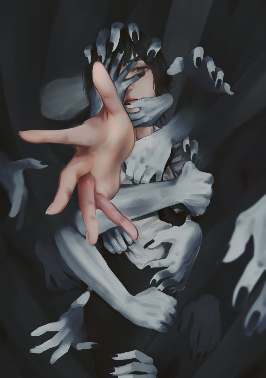 1girl, absurdres, black_hair, black_nails, black_necktie, chainsaw_man, cowboy_shot, ghost_devil_(chainsaw_man), highres, himeno_(chainsaw_man), multiple_hands, necktie, nyafurbl, one_eye_covered, reaching, reaching_towards_viewer, short_hair, solo_focus, swarming_hands