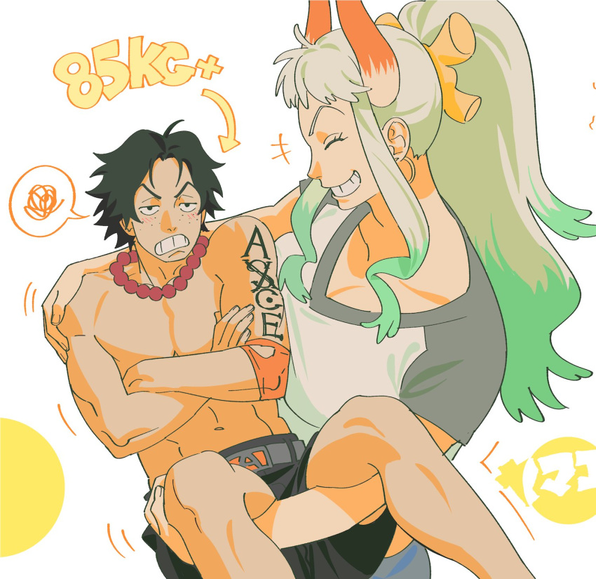 1boy, 1girl, aqua_hair, arm_tattoo, arrow_(symbol), bead_necklace, beads, black_hair, black_shorts, blush, breath, carrying, carrying_person, closed_eyes, copyright_request, crossed_arms, demon_horns, earrings, frown, furrowed_brow, hair_ornament, highres, hoop_earrings, horns, jewelry, long_hair, multicolored_hair, multicolored_shirt, necklace, nyan_2020, one_piece, pants, portgas_d._ace, scribble, shirt, short_hair, shorts, smile, speech_bubble, tall_female, tattoo, teeth, topless_male, weight, white_background, white_hair, white_shirt, yamato_(one_piece), yellow_circle