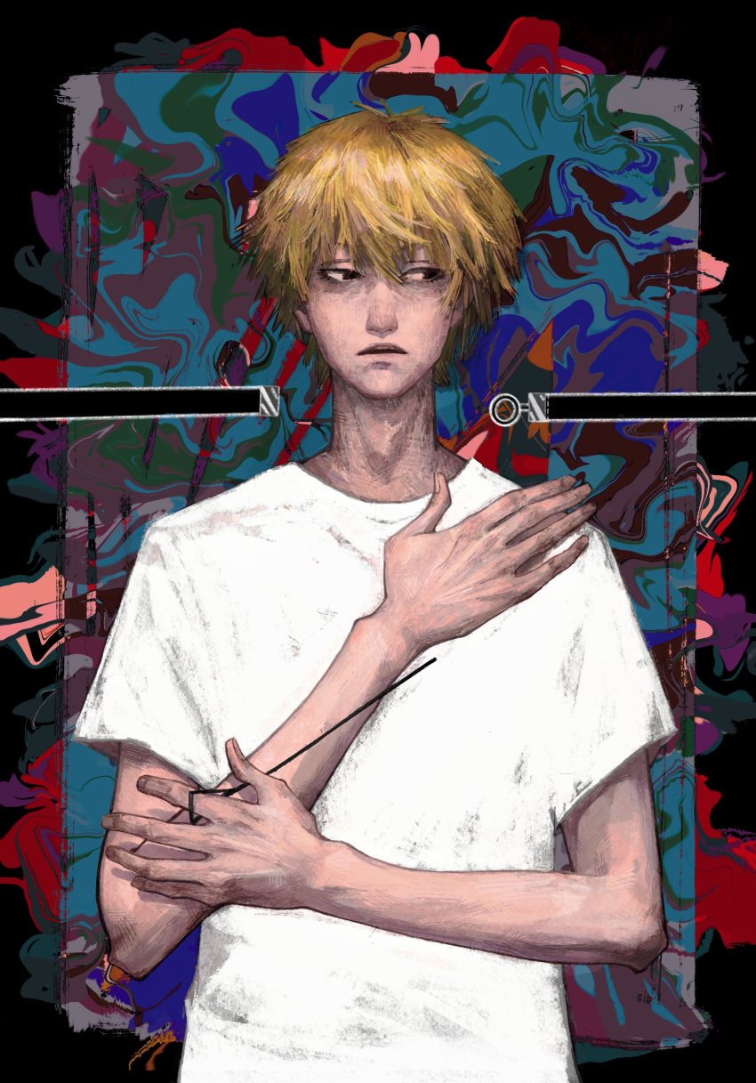 1boy, aheibanian, blonde_hair, brown_eyes, chainsaw_man, commentary, cord_pull, denji_(chainsaw_man), highres, parted_lips, pull_cord, shirt, short_hair, short_sleeves, solo, symbol-only_commentary, white_shirt