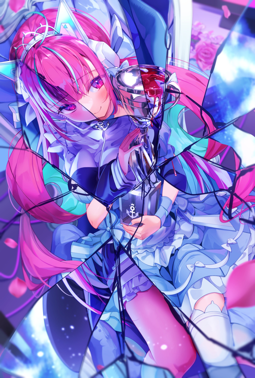 1girl, absurdres, ahoge, blood, blue_hair, breasts, closed_mouth, colored_inner_hair