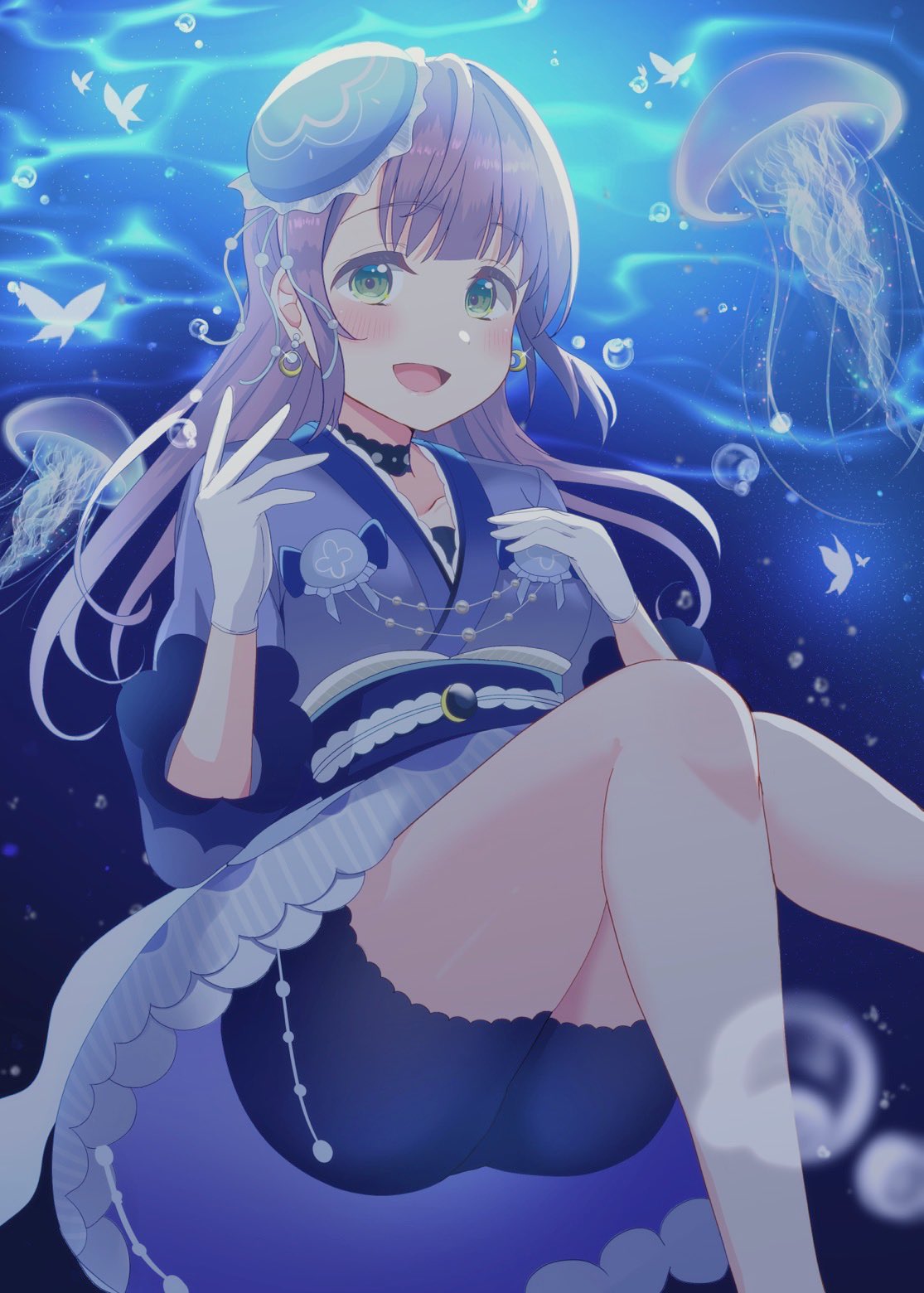 1girl, :d, beret, bike_shorts, blue_hat, blue_kimono, blue_shorts, blue_skirt, blush, collarbone, commentary_request, feet_out_of_frame, gloves, green_eyes, hat, highres, japanese_clothes, jellyfish, kimono, link!_like!_love_live!, long_hair, looking_at_viewer, love_live!, medium_skirt, noanekosan, official_alternate_costume, official_alternate_hairstyle, open_mouth, otomune_kozue, shorts, sidelocks, skirt, sleeves_past_elbows, smile, solo, tsukuyomi_kurage, underwater, upskirt, virtual_youtuber, white_gloves