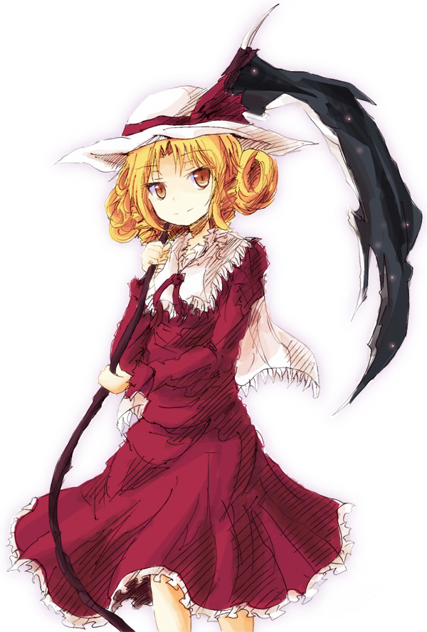 blonde_hair, dress, elly, hat, red_dress, scythe, short_hair, smile