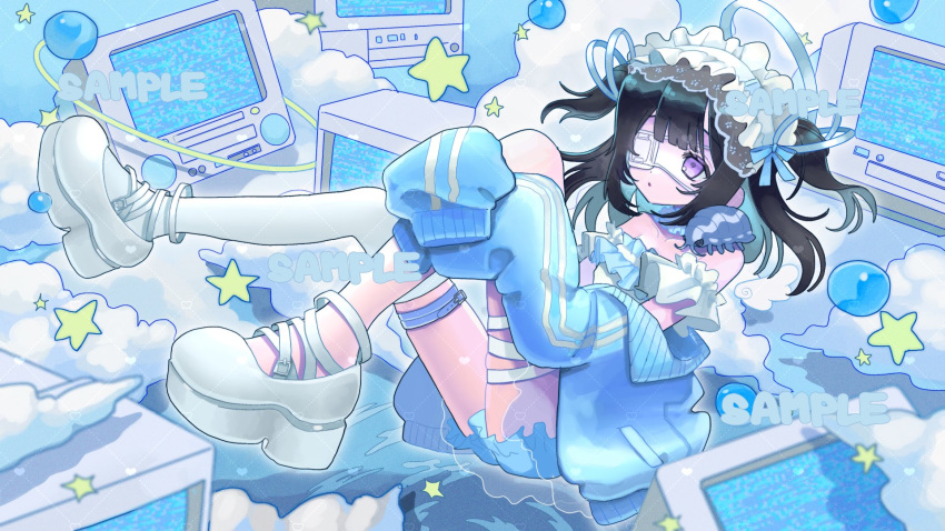 1girl, bandaged_leg, bandages, bathynomus_giganteus, black_hair, blue_dress, blue_jacket, blue_ribbon, blue_theme, clouds, commentary_request, dress, eyepatch, frills, full_body, hairband, hands_on_own_leg, highres, indie_virtual_youtuber, jacket, lolita_hairband, medical_eyepatch, monitor, parted_lips, platform_footwear, poin_(goruchopame), ribbon, sample_watermark, short_hair, single_thighhigh, sleeves_past_fingers, sleeves_past_wrists, solo, static, suiu_memori, thigh-highs, track_jacket, two_side_up, violet_eyes, virtual_youtuber, watermark, white_footwear, white_thighhighs