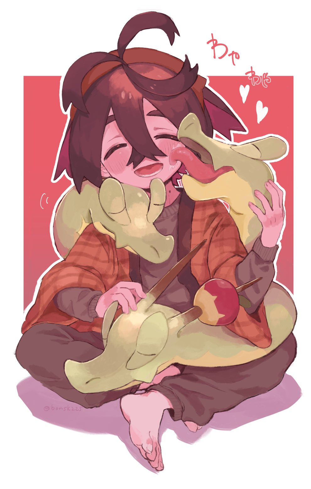 1boy, ^_^, alternate_costume, barefoot, black_hair, black_pants, blush, bonsk225, closed_eyes, commentary_request, crossed_bangs, grey_sweater, hair_between_eyes, hairband, heart, highres, hydrapple, kieran_(pokemon), licking, licking_another's_cheek, licking_another's_face, long_sleeves, male_focus, mole, mole_on_neck, multicolored_hair, open_clothes, open_mouth, pants, pokemon, pokemon_(creature), pokemon_sv, saliva, simple_background, sitting, sweater, tongue, wide_sleeves