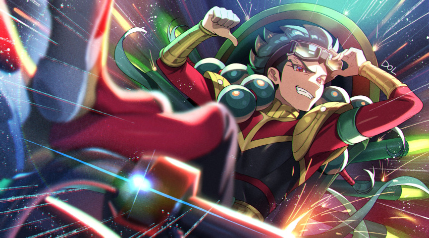 1boy, bodysuit, dolustoy, goggles, goggles_on_head, green_hair, highres, inazuma_eleven_(series)