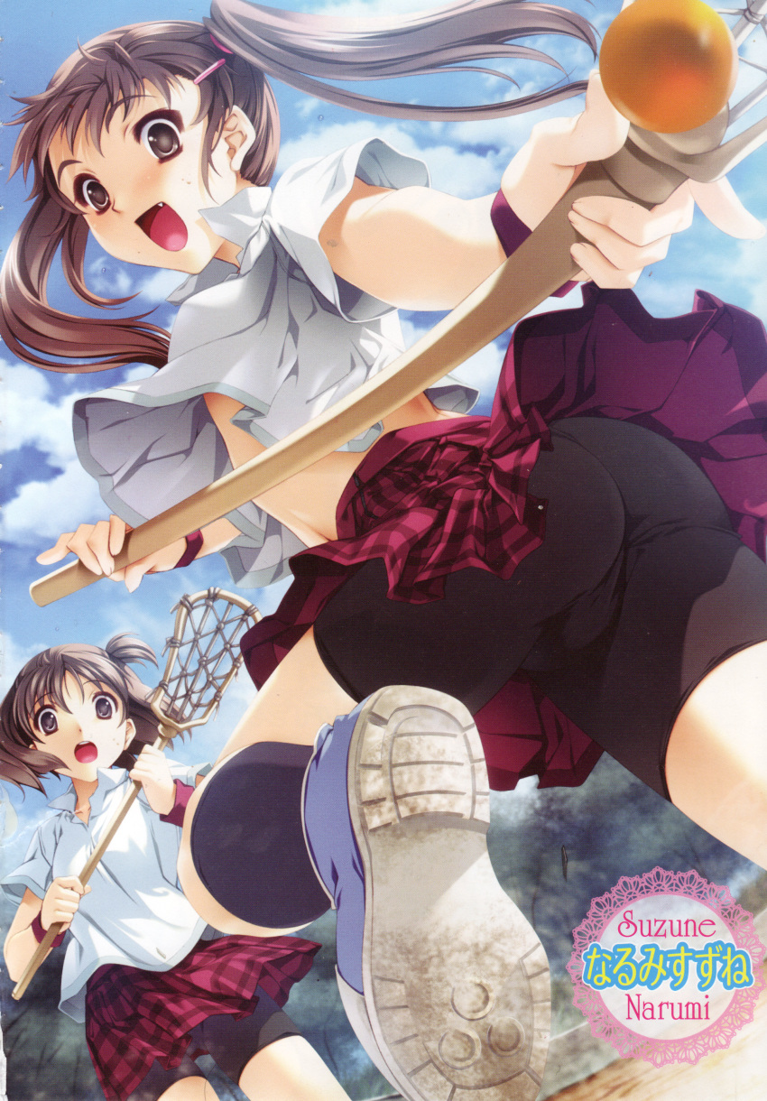 2girls, :d, absurdres, artist_name, bike_shorts, fang, highres, lacrosse