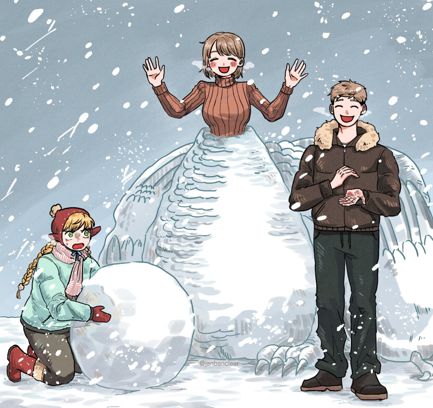 1boy, 2girls, aqua_jacket, black_pants, blonde_hair, blush, boots, braid, breasts, brother_and_sister, brown_footwear, brown_hair, brown_jacket, brown_pants, brown_sweater, closed_eyes, coat, contemporary, dungeon_meshi, elf, falin_touden, falin_touden_(chimera), falin_touden_(tallman), full_body, fur-trimmed_jacket, fur_trim, green_eyes, hair_between_eyes, hat, highres, jacket, janbanclear, knee_boots, kneeling, laios_touden, large_breasts, long_hair, long_sleeves, marcille_donato, mittens, multiple_girls, open_mouth, outdoors, pants, pink_scarf, pointy_ears, red_footwear, red_hat, red_mittens, scarf, shoes, short_hair, siblings, smile, snowball, snowing, snowman, standing, sweater, very_short_hair, visible_air, winter_clothes, winter_coat