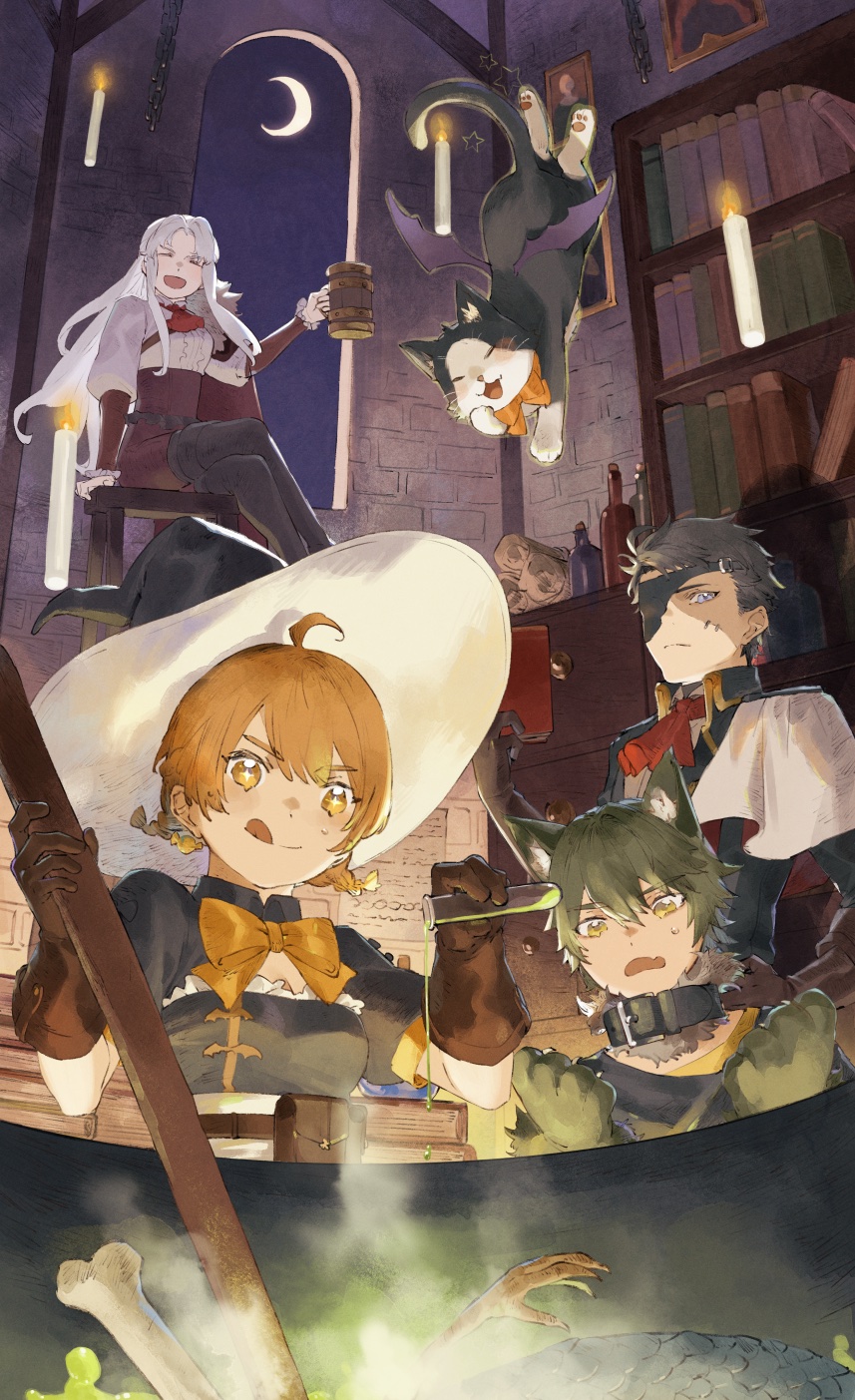 >_<, +_+, 2boys, 2girls, :d, animal_hands, ascot, beaker