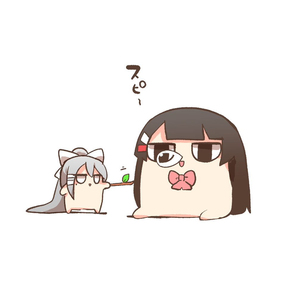 2girls, :d, black_hair, blush_stickers, bow, chibi, grey_hair, hair_bow, higuchi_kaede, holding, holding_stick, kaede-chan_(higuchi_kaede), long_hair, mito-chan_(tsukino_mito), mito_and_kaede, mole, mole_under_eye, multiple_girls, nijisanji, nose_bubble, pink_bow, poking, ponytail, rebecca_(keinelove), shadow, simple_background, sitting, smile, standing, stick, translation_request, tsukino_mito, very_long_hair, virtual_youtuber, white_background, white_bow