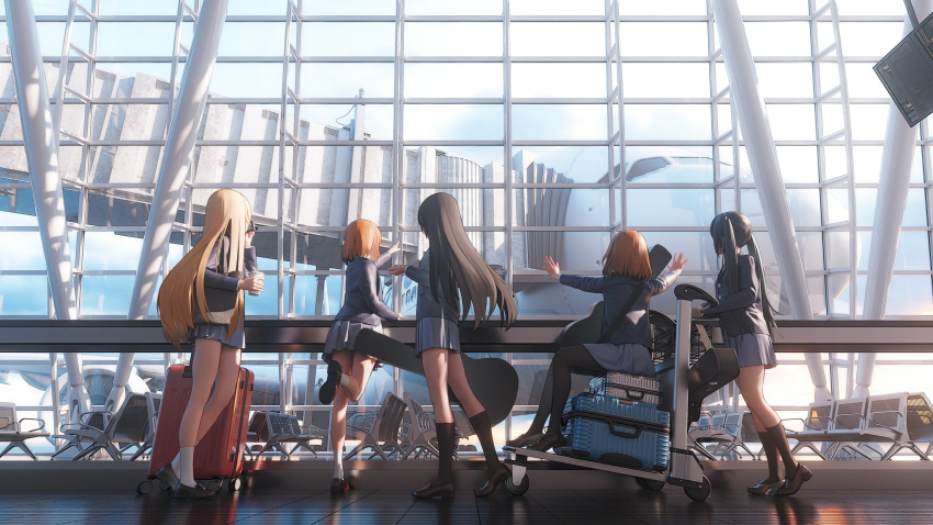 5girls, absurdres, aircraft, airplane, airport, akiyama_mio, bench, black_footwear