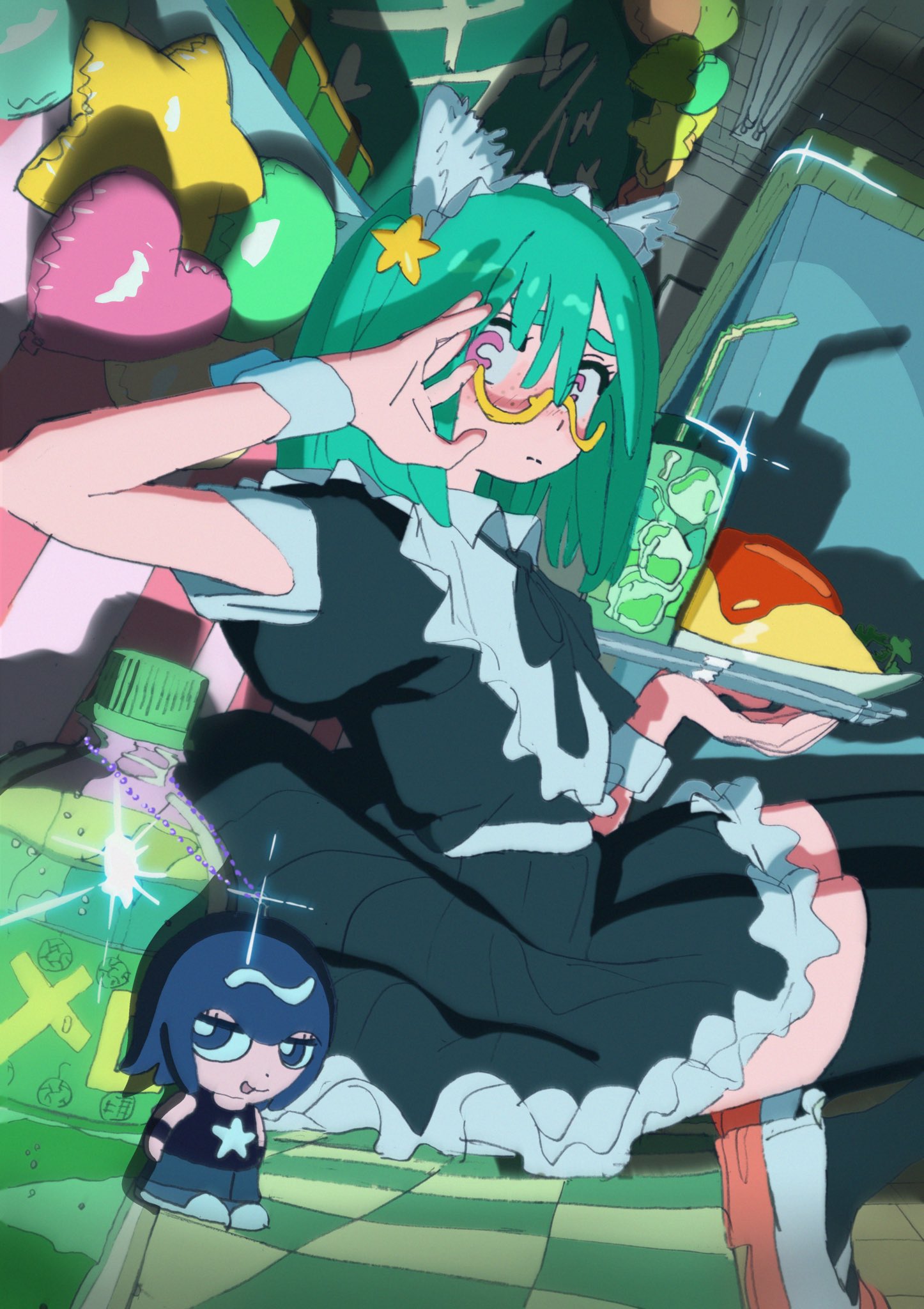 1girl, alternate_costume, animal_ears, arm_up, balloon, black_neckerchief, black_socks, black_thighhighs, bottle, character_charm, charm_(object), dress, drink, drinking_straw, food, frilled_dress, frills, glasses, green_hair, heart_balloon, highres, holding, holding_drink, holding_food, kira_(zutomayo), kira_killer_(zutomayo), komugiko_2000, looking_at_viewer, maid, maid_headdress, neckerchief, pink_eyes, puffy_sleeves, shoes, socks, star_balloon, thigh-highs, uwabaki, wrist_cuffs, yellow-framed_eyewear, zutto_mayonaka_de_ii_no_ni
