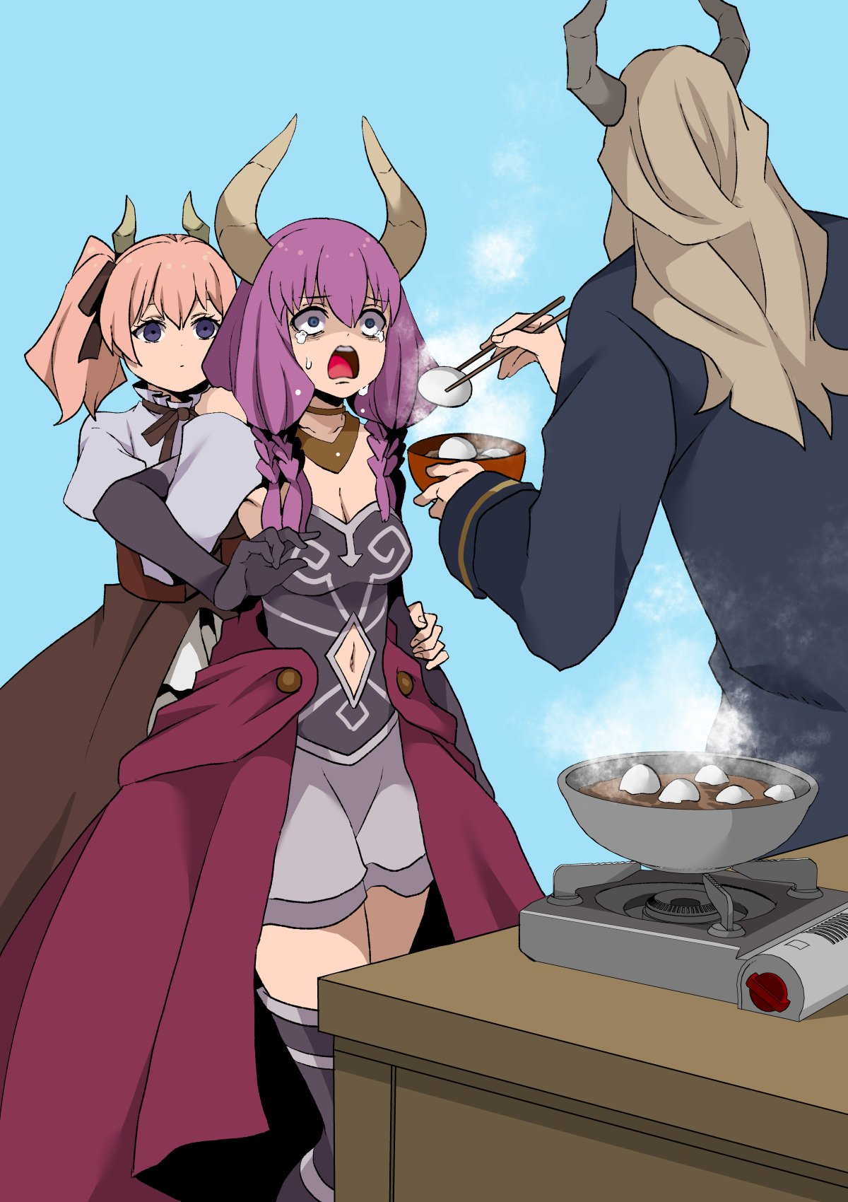 1boy, 2girls, aura_(sousou_no_frieren), aura_bullying_(meme), bowl, chopsticks, clothing_cutout, commentary