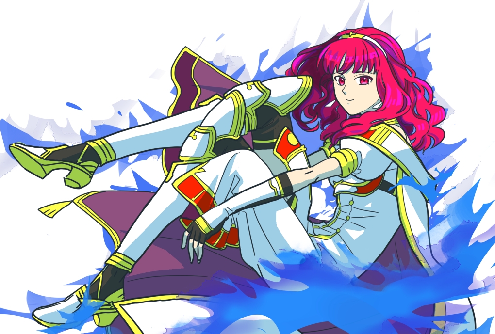 1girl, cape, celica_(fire_emblem), closed_mouth, earrings, fire_emblem, fire_emblem_echoes:_shadows_of_valentia, fire_emblem_engage, jewelry, looking_at_viewer, red_eyes, redhead, solo, tiara, yomiko_(61549392)