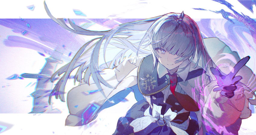 1girl, abstract_background, arcaea, black_skirt, commentary, english_commentary, gloves, grey_eyes